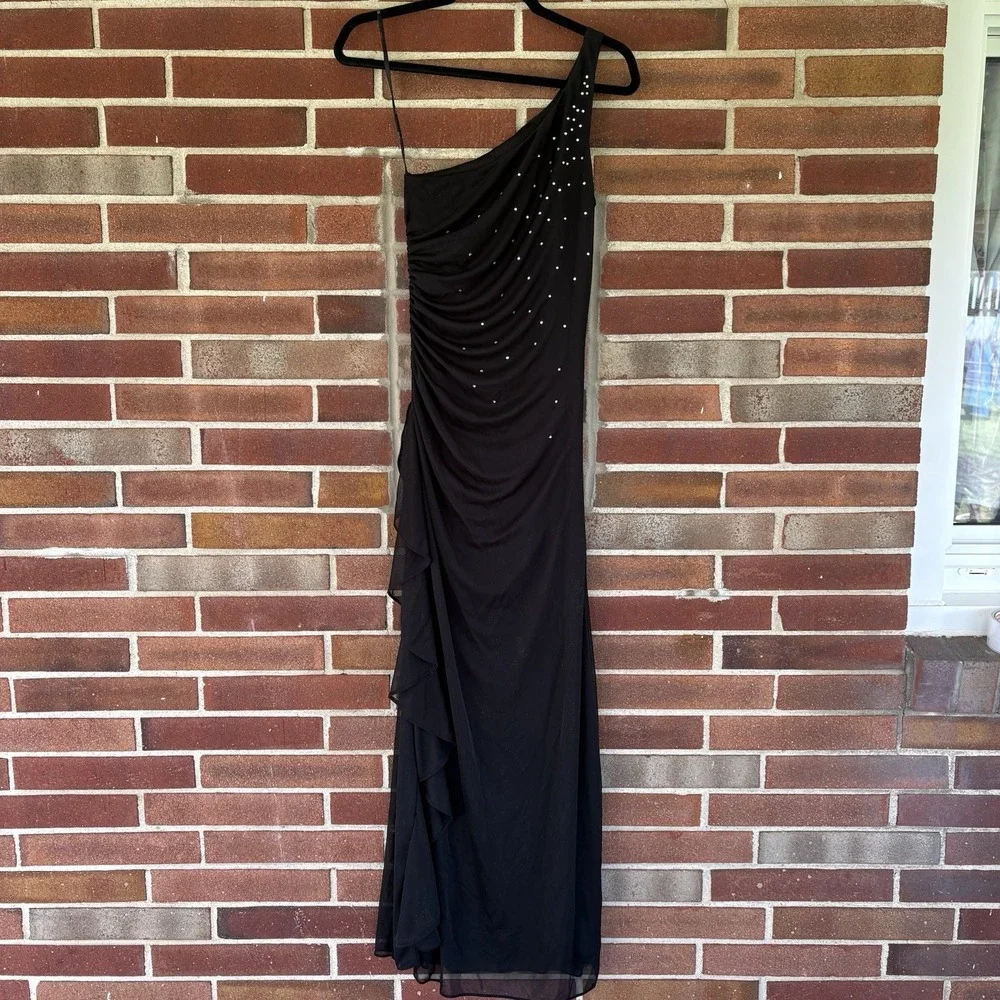Vtg Y2k City Triangles Black One Shoulder Ruched Bling Gem MIDI Dress Sz S a2381